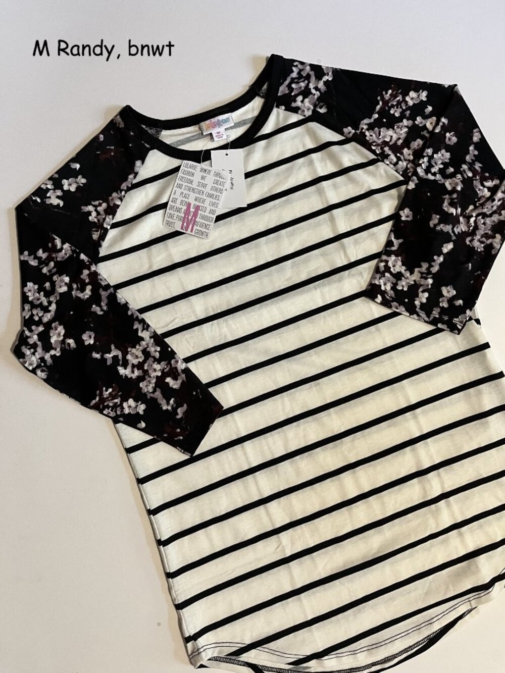 Med Lularoe Randy unisex raglan jersey top, black white stripes, floral sleeves
